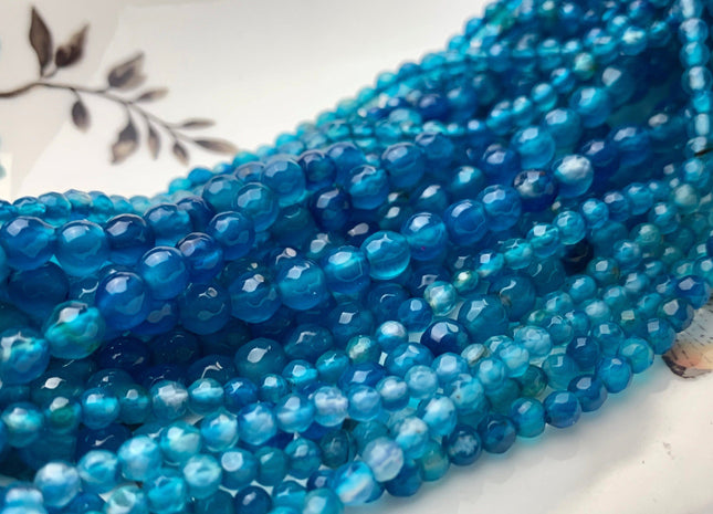 4mm 6mm Faceted Round Agate Gemstone Beads Blue Apatite Color Genuine Heat Treated Agate Gemstone Loose Beads 14 Inches Strand #3156