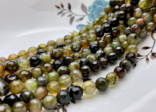 8mm Faceted Round Agate Gemstone Beads Moss Green Brown Color Genuine Heat Treated Agate Gemstone Loose Beads 14 Inches Strand #3884