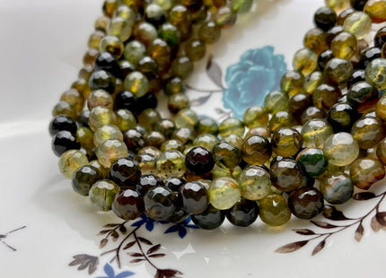 8mm Faceted Round Agate Gemstone Beads Moss Green Brown Color Genuine Heat Treated Agate Gemstone Loose Beads 14 Inches Strand #3884