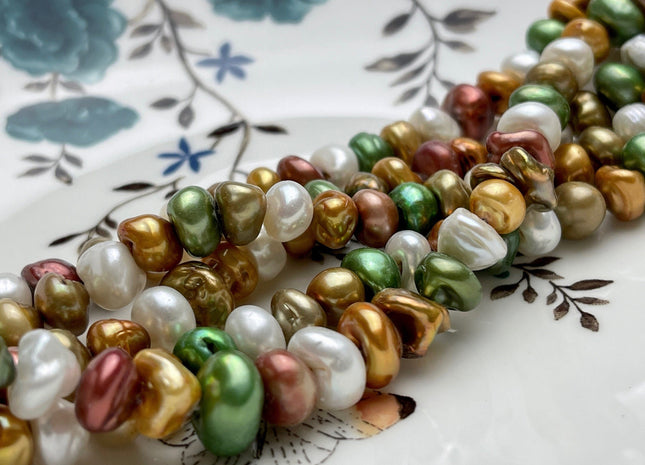 9-10 mm Green Champagne Brown Rust Natural White Keshi Freshwater Pearl Beads Genuine High Luster Center Drilled Rondelle Disc Beads #P1883