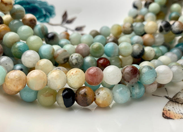 6mm 8mm 10mm Large Hole Natural Multi Color Smooth Round Amazonite Gemstone Beads Hole Size 2.0mm 14 Inches Strand #2845