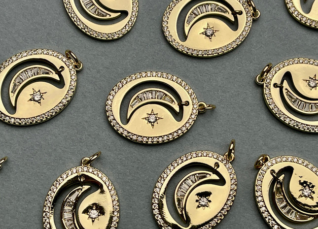Hanging Crescent Charm for Necklace Jewelry Making, 18K Gold Filled Charm Pendant With CZ, Antique Crescent Charms, One Piece #CR0033