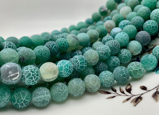 4 mm 6 mm 8 mm 10 mm Green Color Matte Finished Round Cracked Fire Agate Gemstone Beads 14 Inches Strand #2859