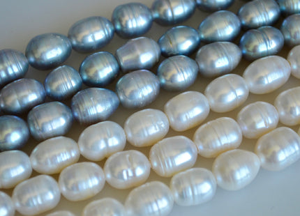 10x11-12mm Large Hole Silver and White Freshwater Pearl Beads Rice Shape Hole 2.2mm #781
