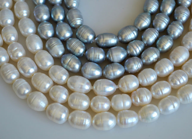 10x11-12mm Large Hole Silver and White Freshwater Pearl Beads Rice Shape Hole 2.2mm #781
