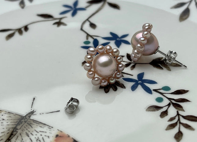 AAAAA Genuine Freshwater Pearl Earring Studs With 925 Sterling Silver Post Natural Mauve Pink Pearls Cluster Earring Bridal Jewelry #P1708-D