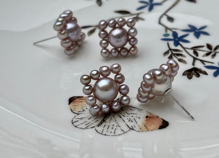 AAAAA Genuine Freshwater Pearl Earring Studs With 925 Sterling Silver Post Natural Mauve Pink Pearls Cluster Earring Bridal Jewelry #P1708-D