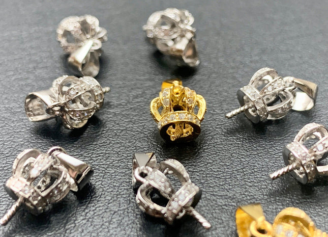 One Piece 925 Sterling Silver/Gold Pendant Setting Findings For Half Drilled Pearl Crown Shape Design W/CZ Silver Mounts Jewelry #10371A