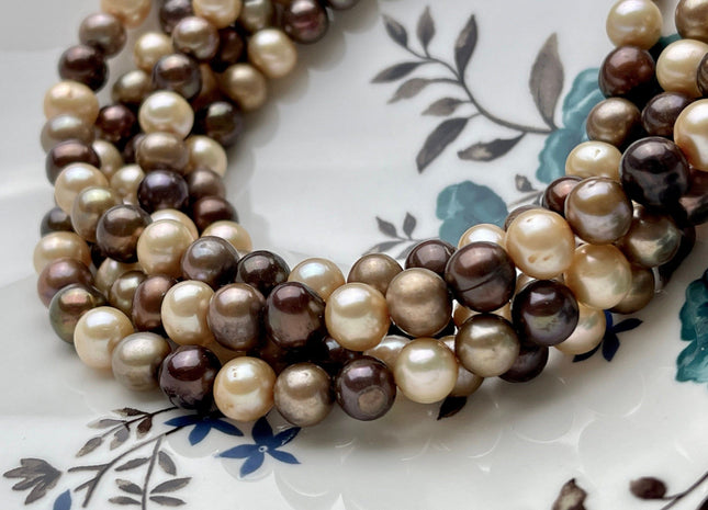 7-8 mm AA Multi Color Off Round Freshwater Pearl Beads Mixed Champagne/Taupe/Brown Potato Pearls, Genuine Freshwater Pearl Beads #1009