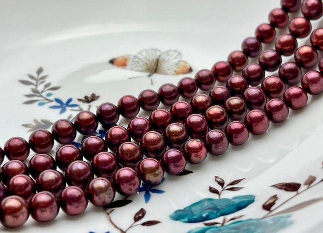 7-8 mm AAA Semi-Round Sangria Red Color Freshwater Pearls, Genuine High Luster Sangria Pink Freshwater Round Pearls #1276