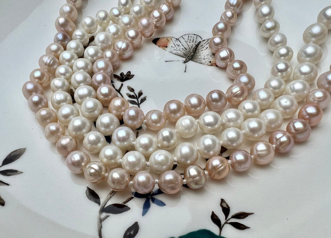 40 Inches Hand Knotted 7-8 mm Potato Natural White Or Pink Freshwater Pearl Necklaces Long Pearl Necklace #1663