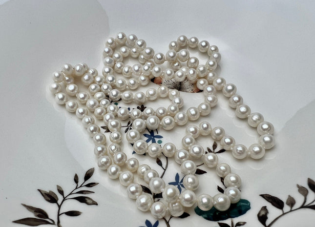 40 Inches Hand Knotted 7-8 mm Potato Natural White Or Pink Freshwater Pearl Necklaces Long Pearl Necklace #1663