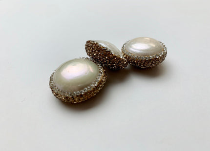 23-24mm AA Coin Freshwater Pearl Pendent Half Drilled W/ Pave Gold Rhinestone 0.7 mm Hole Genuine Freshwater Coin Pearl Pendant #1175