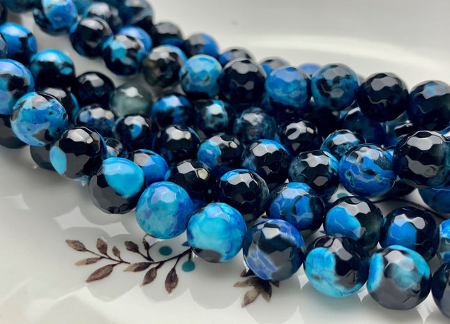 BEST DEAL 10 mm Faceted Round Fire Agate Gemstone Beads Heat Treated Black And Blue Color Agate 15.5 Inches Strand #2885