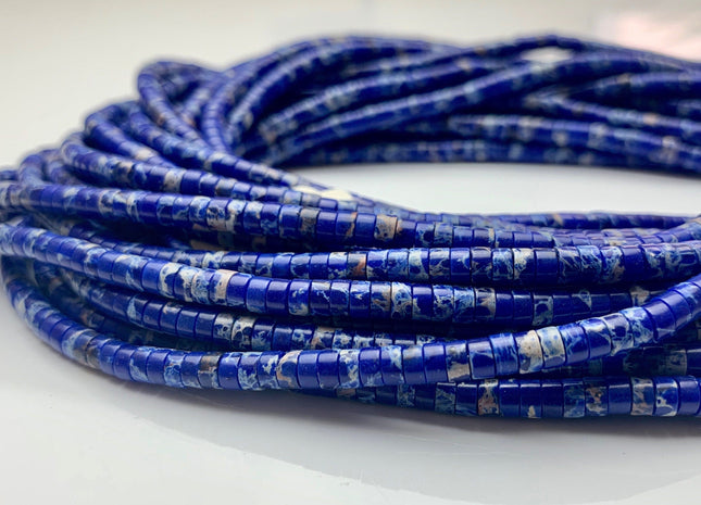 2x4mm Lapis Color Impression Jasper Heishi Rondelle Shape Genuine Natural Sea Sediment Jasper Discs Gemstone Beads 15.5 Inches Strand #3098