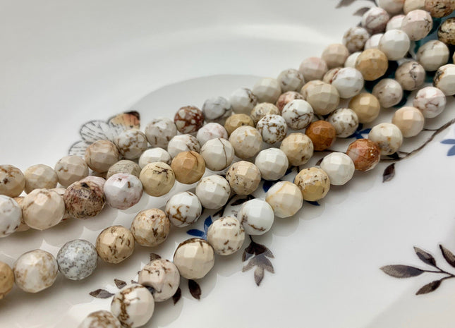 4mm 6mm 8mm 10mm Faceted Round Golden Creamy White Magnesite Gemstone Beads White Turquoise Loose Beads 15.5 Inches Strand #2650