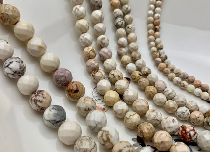 4mm 6mm 8mm 10mm Faceted Round Golden Creamy White Magnesite Gemstone Beads White Turquoise Loose Beads 15.5 Inches Strand #2650