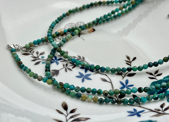 3.5mm Faceted Round Tiny Natural Multi Color Turquoise Gemstone Beads Cute Dainty 18 Inch Necklace and Extender W/Silver Lobster Clasp #4095