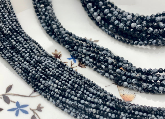 2mm 3mm 4mm AAA Micro Faceted Round Snow Flake Jasper Gemstone Beads Natural Black Gray Faceted Round Snow Flake Jasper 15.5 Inches #2350