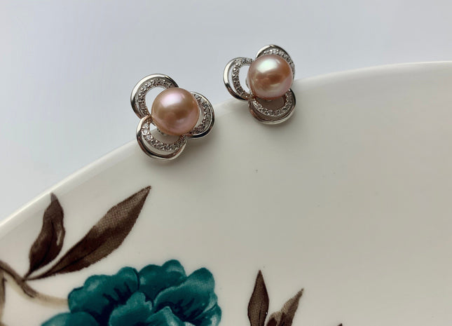 AAAA 8.5 mm Natural Pink Freshwater Round Pearl Earring Studs W/925 Sterling Silver High Luster Pearl Flower Earring Bridal Jewelry #10006-B