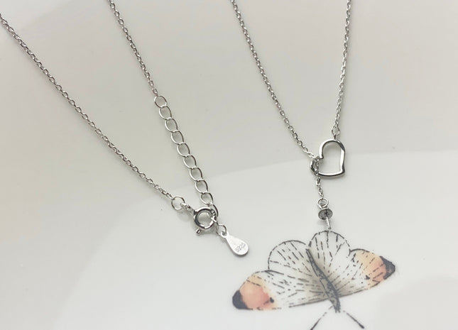 Genuine 925 Sterling Silver Necklace With Heart Shape Dangle Setting For Half Drilled Pearl Beads Silver Heart Pendant DIY Jewelry #10079