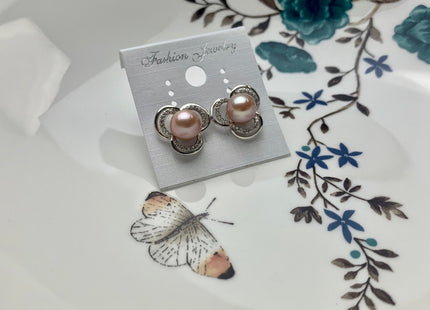 AAAA 8.5 mm Natural Pink Freshwater Round Pearl Earring Studs W/925 Sterling Silver High Luster Pearl Flower Earring Bridal Jewelry #10006-B