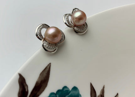 AAAA 8.5 mm Natural Pink Freshwater Round Pearl Earring Studs W/925 Sterling Silver High Luster Pearl Flower Earring Bridal Jewelry #10006-B