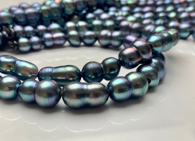 9x12-16 mm Large Hole Peacock Color Peanut Shape Freshwater Pearl Beads Hole Size 2.2 mm Genuine Peacock Color Large Hole Pearls # 1700