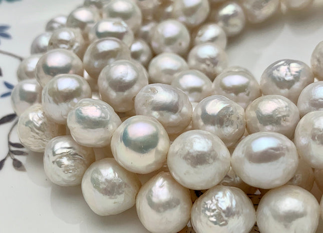 10-12mm AAA Large Hole Half Strand Natural White Baroque Edison Pearl Bead 2.1 mm Hole Genuine High Luster Baroque Pearl 17 Pieces #P1324