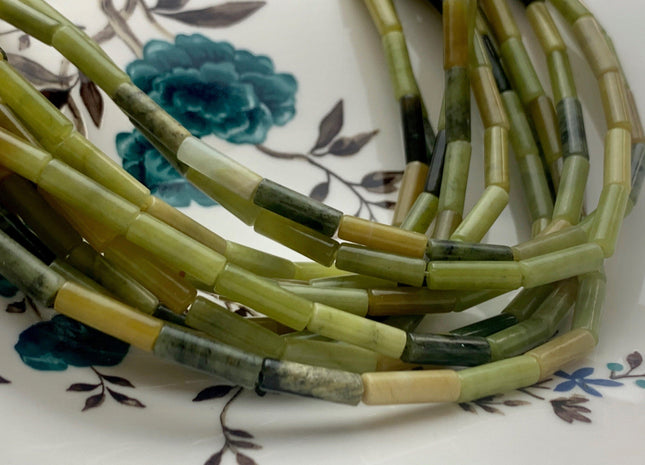 4x13-14 mm Tube Shape Natural Canadian Nephrite Jade Gemstone Beads Genuine Multi Green Jade Gemstones Loose Beads 15.5 Inches Strand #3149