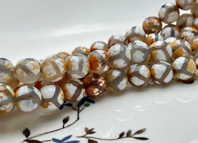 10 mm AAA DZI Tibetan Agate Faceted Round Multi Orange Brown White Color Football Agate Gemstone Loose Beads #4034