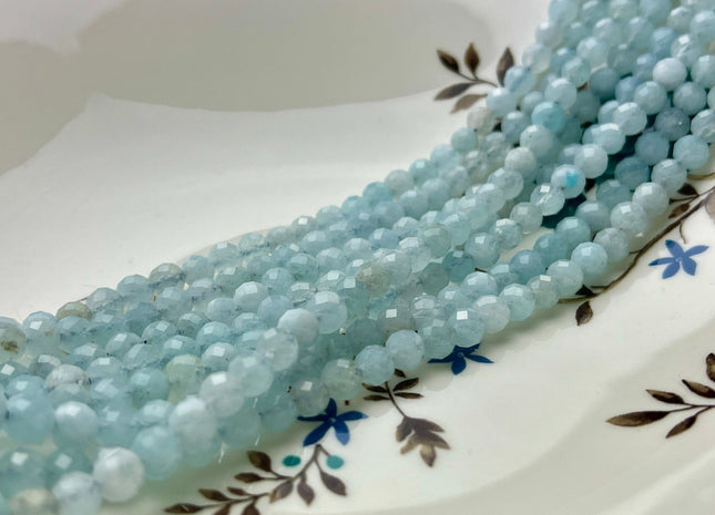 6 mm Natural Color Faceted Round Aquamarine Gemstone Beads Genuine Gemmy Aquamarine Blue Color Aquamarine Gemstone Beads 15 Inches #4102