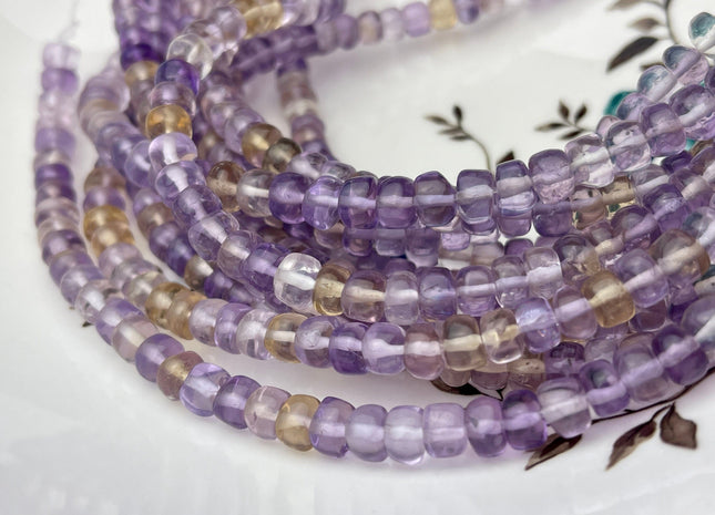 5-7mm Natural Ametrine Large Hole Gemstone Beads Smooth Rondelle Genuine Yellow Purple Ametrine Beads Hole Size 1.0mm 8 Inches Strand #4235