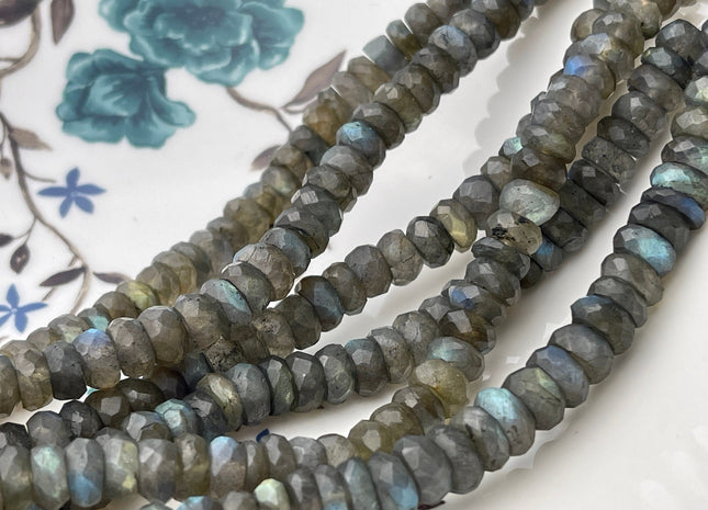 7-8mm Natural Labradorite Large Hole Gemstone Beads Faceted Rondelle Genuine Blue Flashy Labradorite Hole Size 1.0mm 13 Inches Strand #4233