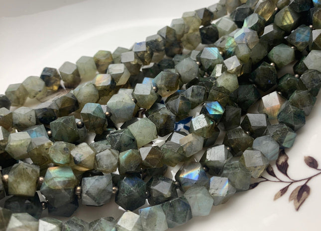 5-6mm 8mm Natural Color Faceted Tumble Prism Cut Labradorite Gemstone Beads Genuine Natural Gray Labradorite Beads 8 inches Strand #3732