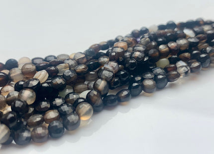 4mm Micro Faceted Diamond Cut Black Color Agate Flat Coin Disc Shape Genuine Agate Gemstone Beads 15.5 Inches Strand #3063