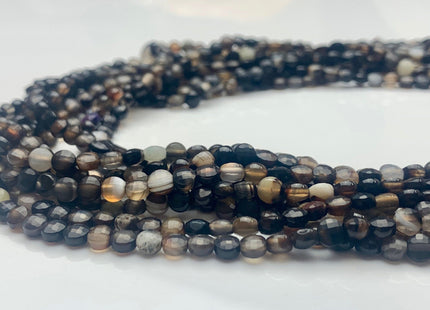 4mm Micro Faceted Diamond Cut Black Color Agate Flat Coin Disc Shape Genuine Agate Gemstone Beads 15.5 Inches Strand #3063