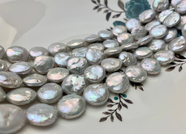13-16 mm Silver Gray Coin Freshwater Pearl Beads Genuine Flat Coin Freshwater Pearl Beads Gray Coin Pearl #95