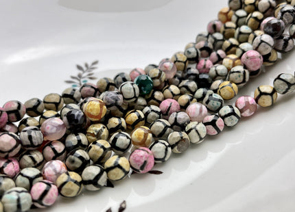 8mm AAA DZI Tibetan Agate Faceted Round Multi Yellow Pink And Blue Color Football Agate Gemstone Loose Beads #4025