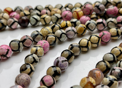 8mm AAA DZI Tibetan Agate Faceted Round Multi Yellow Pink And Blue Color Football Agate Gemstone Loose Beads #4025