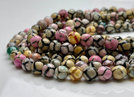 8mm AAA DZI Tibetan Agate Faceted Round Multi Yellow Pink And Blue Color Football Agate Gemstone Loose Beads #4025