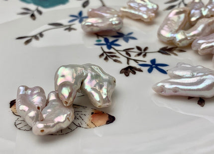 17-22 mm Limited Rare Irregular Natural White Double Biwa Freshwater Pearl Beads Genuine Natural Cultured Pearls - 3 PCS/PK #P1575