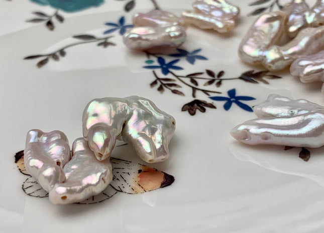 17-22 mm Limited Rare Irregular Natural White Double Biwa Freshwater Pearl Beads Genuine Natural Cultured Pearls - 3 PCS/PK #P1575