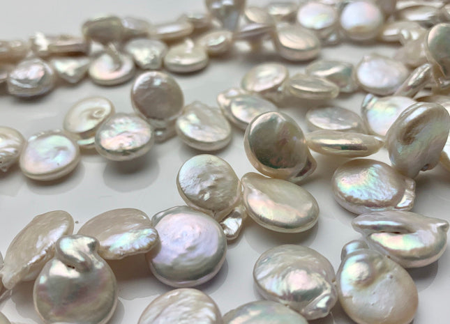 12-15x16-20 mm AA Top Drilled Teardrop Natural White Coin Freshwater Pearl Beads Genuine Cultured Flat Coin Pearl Beads #584