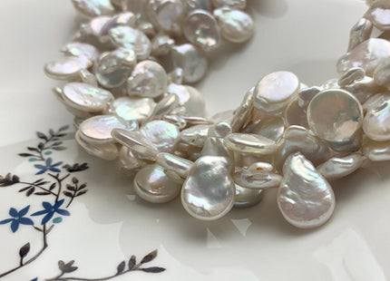 12-15x16-20 mm AA Top Drilled Teardrop Natural White Coin Freshwater Pearl Beads Genuine Cultured Flat Coin Pearl Beads #584