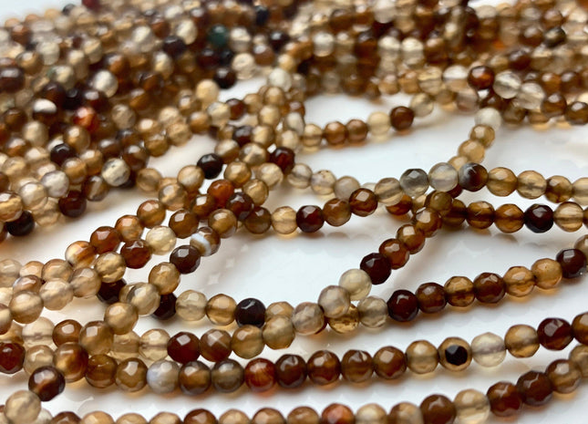 WHOLESALE 3mm 4mm Faceted Round Coffee Brown Agate Gemstone Beads, Natural Gemstone Beads Round Faceted Brown Coffee Agate Beads #506