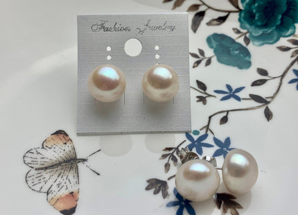 12-12.5 mm Genuine Natural White Freshwater Pearl Stud Earring .925 Sterling Silver Earring Posts Pearl Earrings Bridal Earrings #684