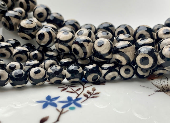 6 mm 8 mm 10 mm AAA Faceted Round Tibetan DZI Agate Black And White Tibetan Agate Gemstone Beads #2904