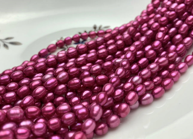 4.5x6mm AAA Fuchsia Pink Color Rice/Oval Freshwater Pearl Beads Genuine Cultured High Luster Freshwater Pearls 58 Pieces #P1507