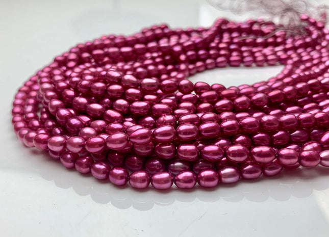 4.5x6mm AAA Fuchsia Pink Color Rice/Oval Freshwater Pearl Beads Genuine Cultured High Luster Freshwater Pearls 58 Pieces #P1507